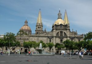 Picture of a church and water fountain as part of a tour in Guadalajara, Mexico.